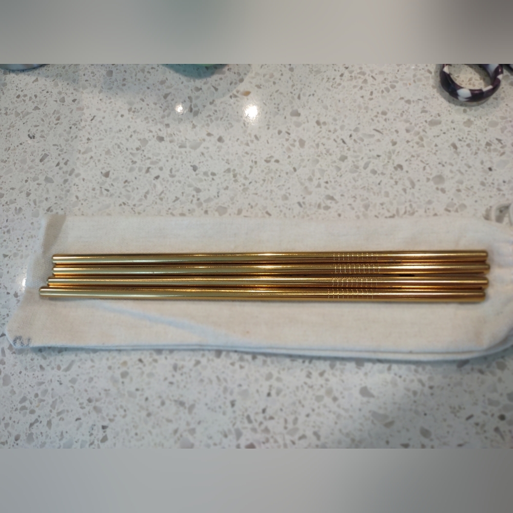 NWT Gold Metal Reusable Straws with linen bag